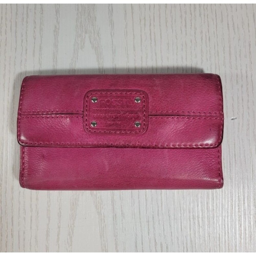 Vintage Fossil Purple Genuine Leather Tri-Fold Flip Clutch Wallet Check Holder